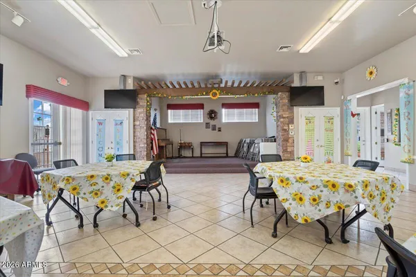 a large dining space with furniture