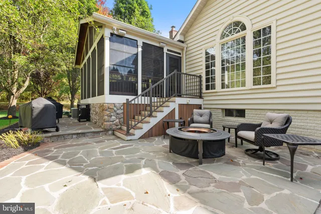 a view of a swimming pool and an outdoor seating