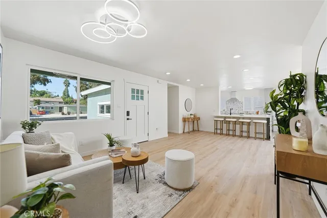 a living room with furniture a dining table and a potted plant