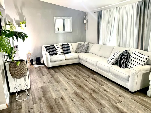 a living room with furniture and a potted plant