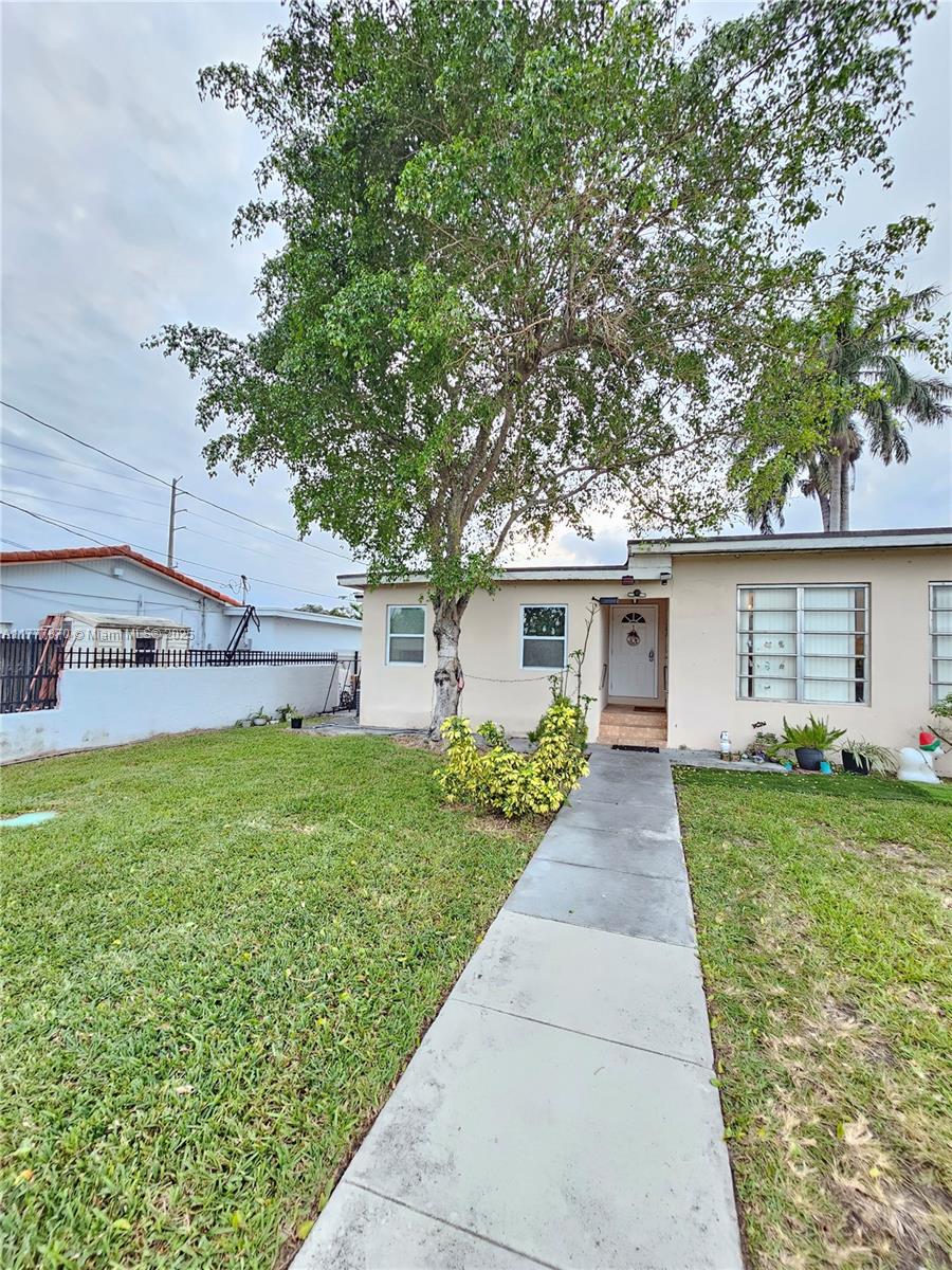 a view of a house with a yard and a large tree