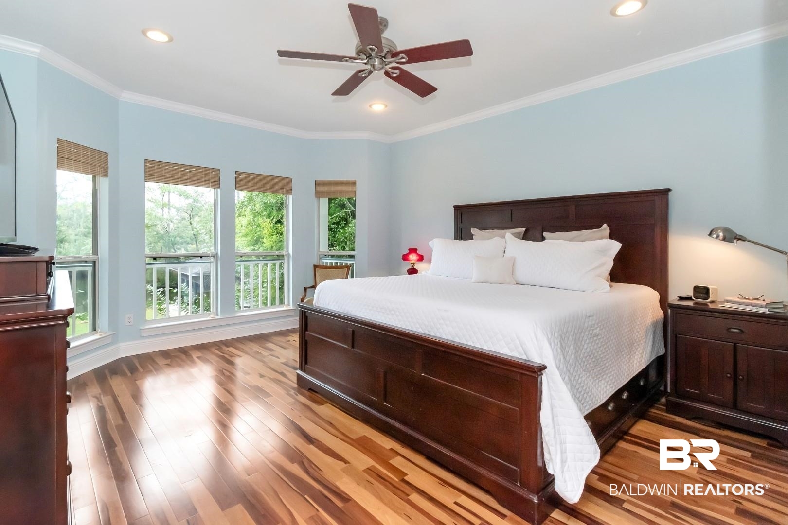 3500 North Riviere Du Chien Loop Mobile, AL 36693 - Photo 20 of 74 Bedroom featuring ornamental molding, light hardwood / wood-style flooring, and ceiling fan