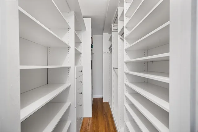 a view of walk in closet with empty racks