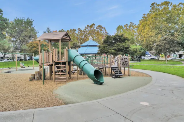 an outdoor space with seating