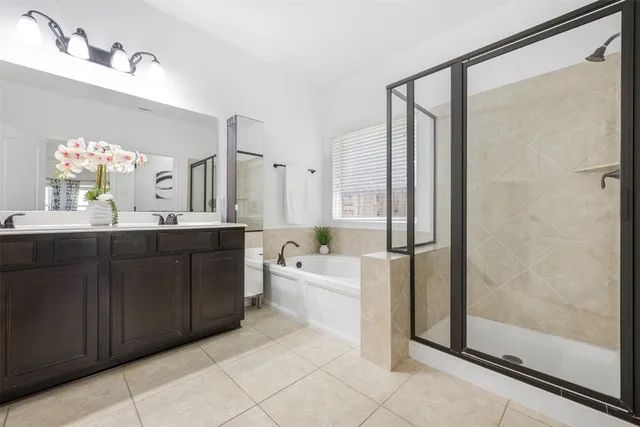 a bathroom with a double vanity sink mirror and shower