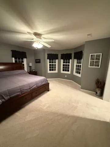 a bedroom with a large bed and a window