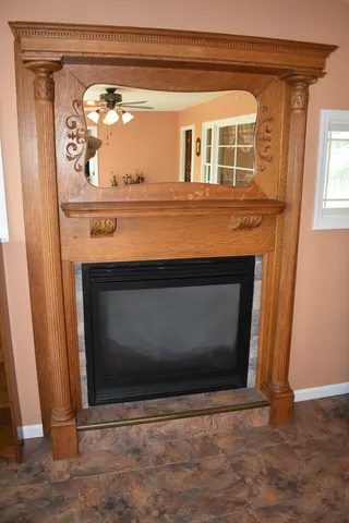 a living room with a fireplace