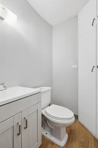 a bathroom with a sink a toilet and vanity