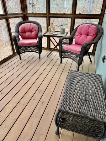 a view of a room with wooden roof