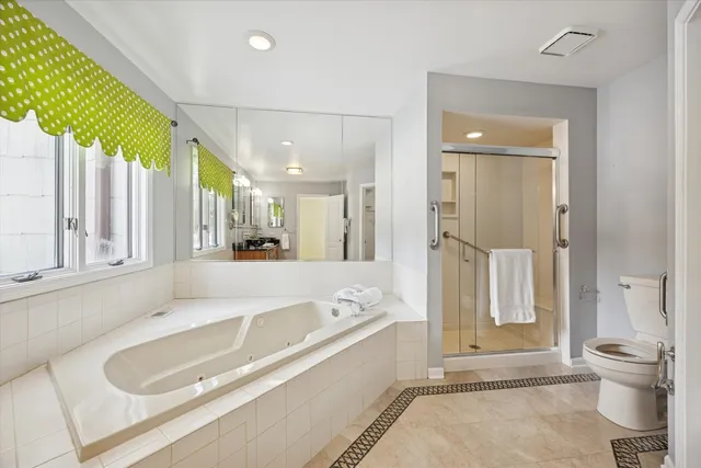 a bathroom with a tub a toilet and a shower