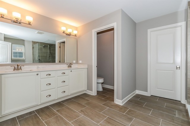 1228 Declan Court, Unit 4 Naperville, IL 60563 - Photo 20 of 32 a bathroom with a double vanity sink a mirror and a toilet