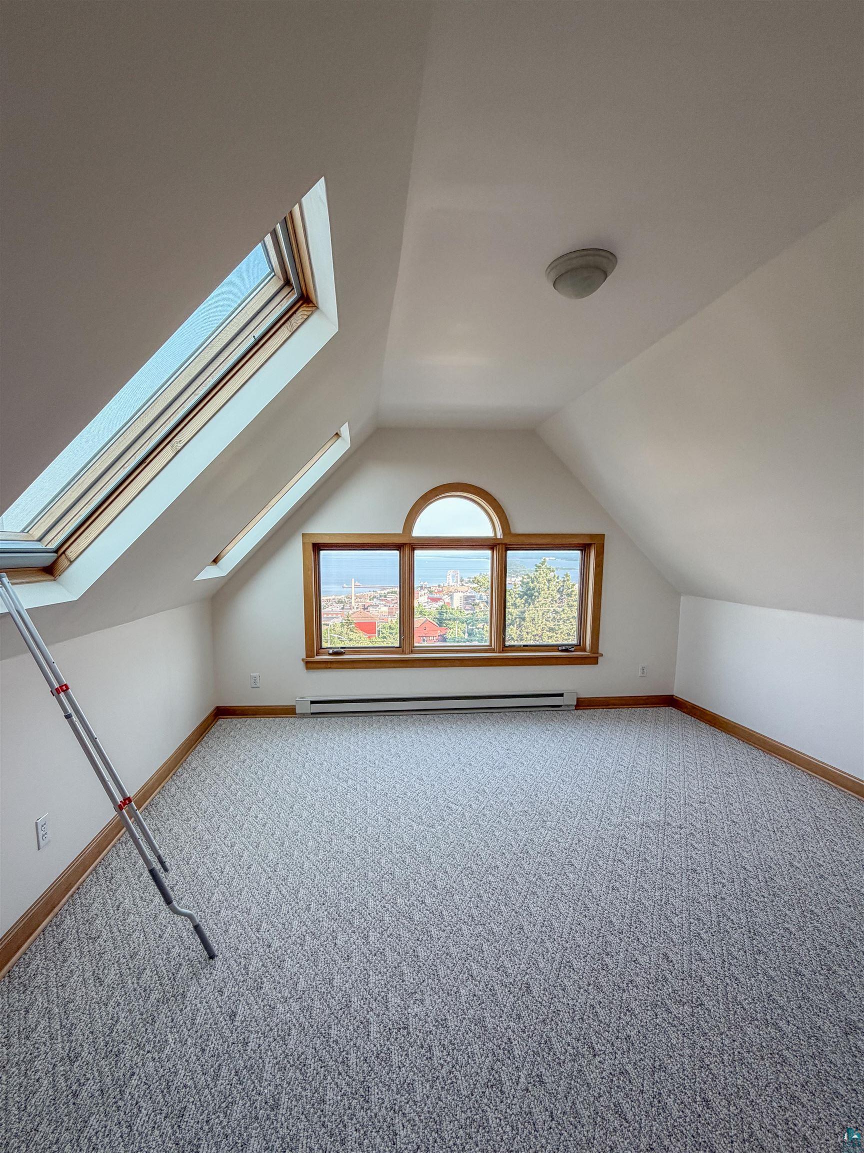 13 West 8th Street Duluth, MN 55806 - Photo 33 of 57 Attic space featuring two skylights, a multi-pane arched window, and patterned carpeting