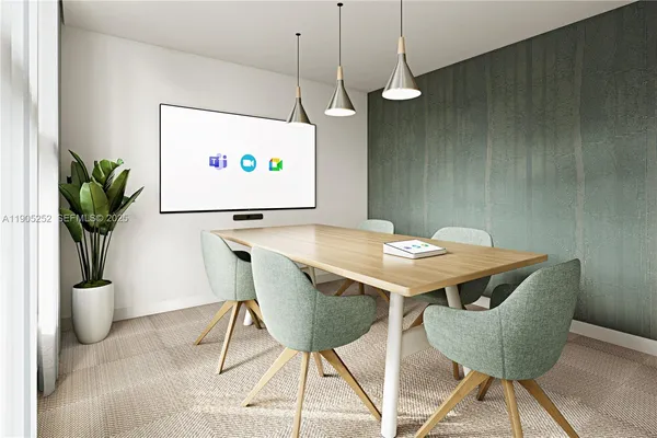 a dining room with furniture and potted plants