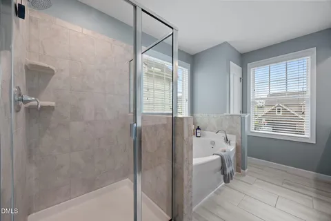 a bathroom with a bathtub and shower