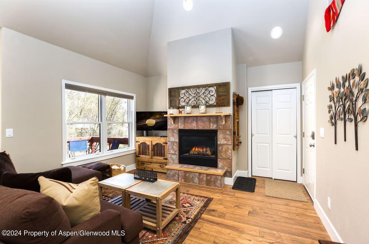 855 Gold Rivers Court, Unit 21D Basalt, CO 81621 - Photo 11 of 12 a living room with furniture a large window and a fireplace