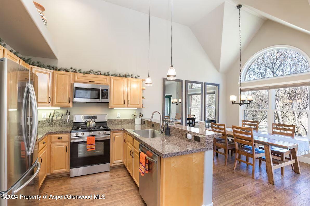 855 Gold Rivers Court, Unit 21D Basalt, CO 81621 - Photo 5 of 12 a kitchen with stainless steel appliances granite countertop a stove top oven a sink dishwasher a dining table and chairs with wooden floor
