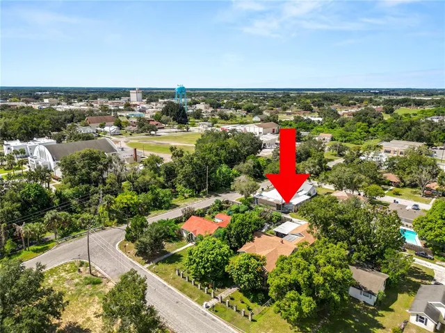 an aerial view of residential houses with outdoor space and trees