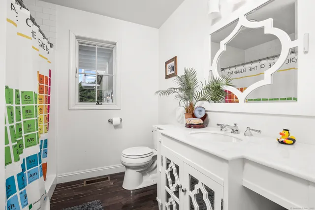 a bathroom with a sink a toilet and a mirror