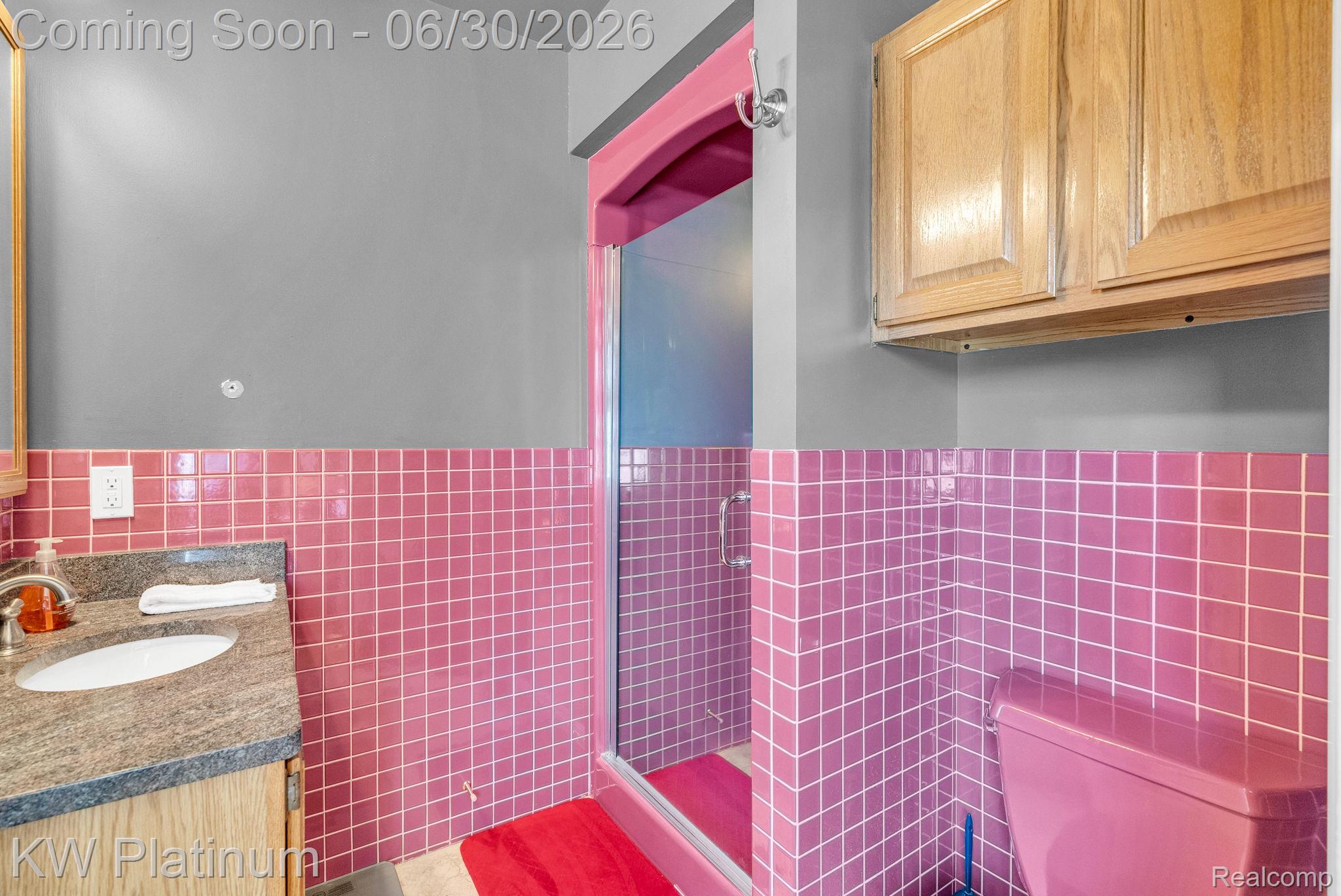 2235 South Lake Shore Road Harbor Beach, MI 48441 - Photo 42 of 99 Bathroom featuring a vanity with an oval sink and stone countertop, a glass-enclosed shower, pink square tile wainscoting, and wood-finish cabinetry