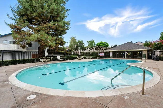 a view of a swimming pool with a garden