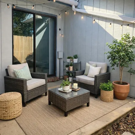a living room with furniture and a potted plant