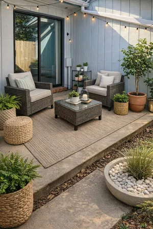 a living room with furniture and a potted plant