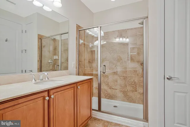 a bathroom with a shower sink vanity and mirror