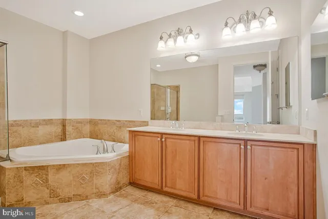 a bathroom with a tub sink and mirror