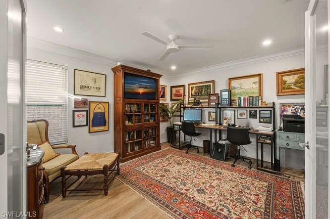 254 Edgemere Way East Naples, FL 34105 - Photo 17 of 41 Office area featuring light wood-style flooring, ornamental molding, ceiling fan, and recessed lighting