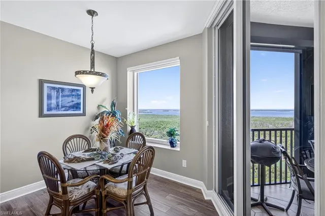 a view of a dining room with furniture window and outside view