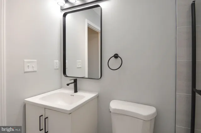 a bathroom with a sink a toilet and mirror