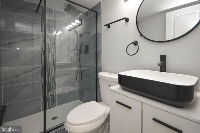 a bathroom with a toilet a sink a shower a mirror and vanity