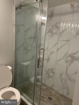 a bathroom with a toilet and a shower