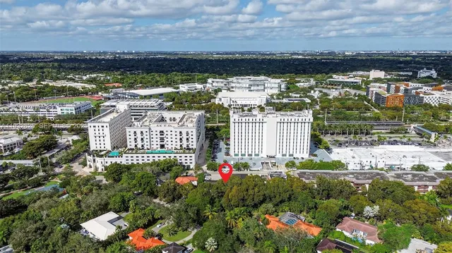 a aerial view of a house with a yard and potted plants