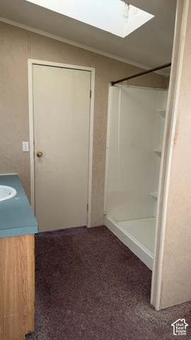 4324 East Cub Road Preston, ID 83263 - Photo 7 of 16 Bathroom featuring a single vanity with a laminate countertop, a built-in shower stall, and a skylight