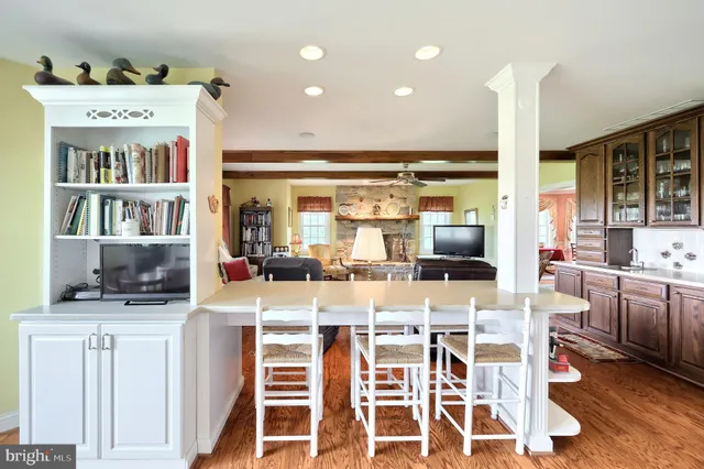 a bathroom with a shower and a mirror