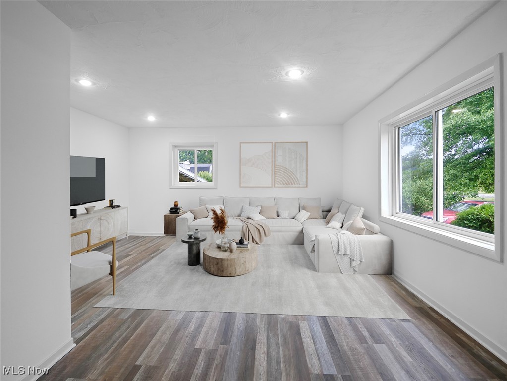 Living area featuring recessed lighting, baseboards, and wood finished floors