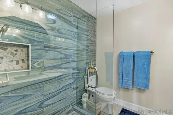 a bathroom with a toilet and a shower