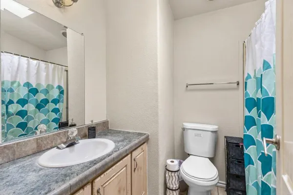 a bathroom with a granite countertop sink a toilet and a mirror