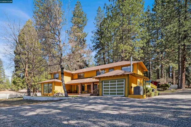 a front view of a house with large trees