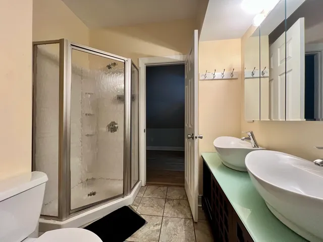 a bathroom with a shower a sink and a mirror