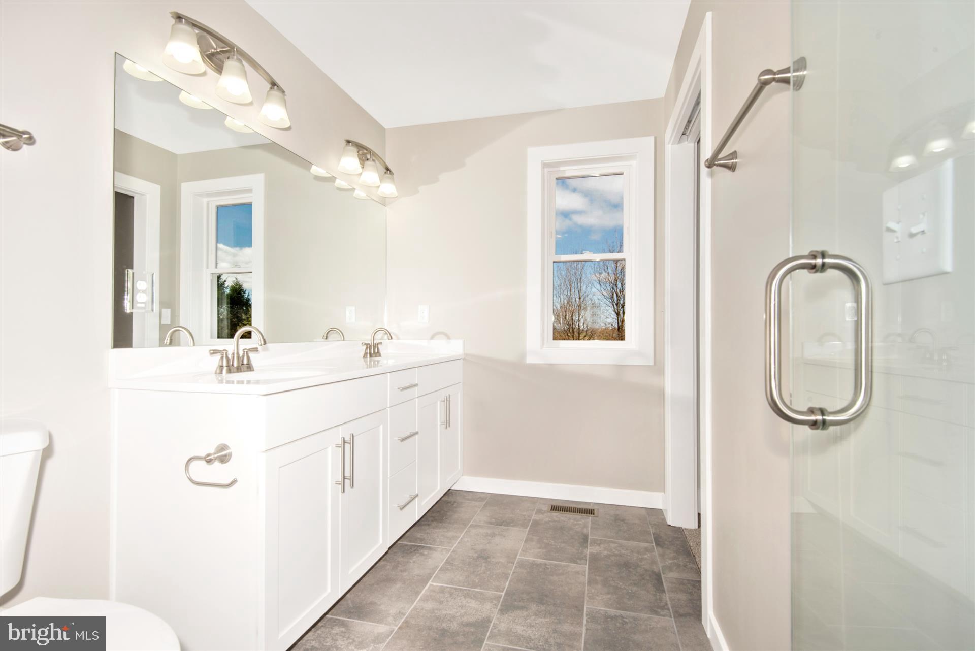 4235 Horine Road Jefferson, MD 21755 - Photo 20 of 24 a bathroom with a double vanity sink a mirror a vanity and a shower