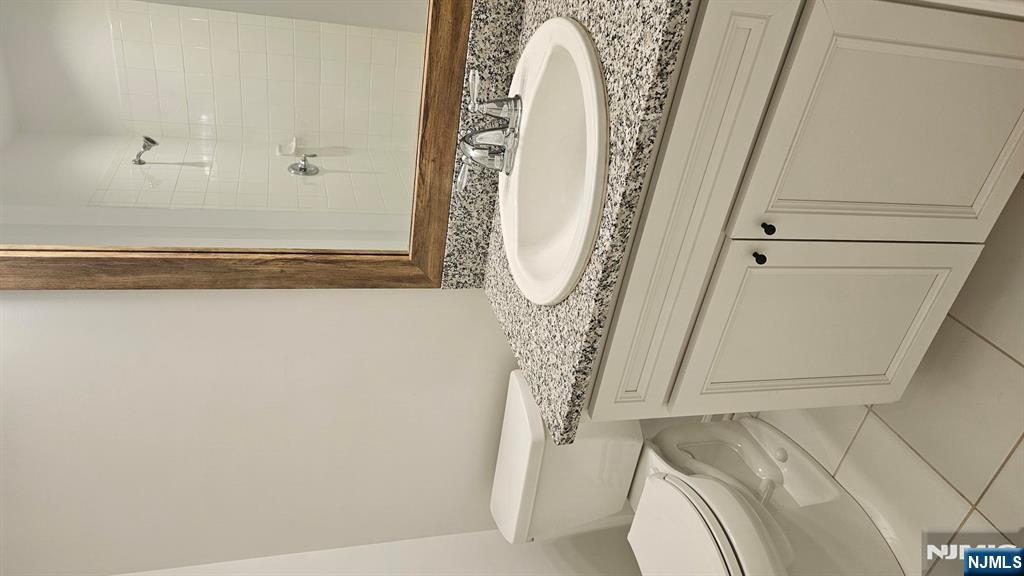 188 Aspen Drive, Unit 414 Cedar Grove, NJ 07009 - Photo 13 of 23 a bathroom with a granite countertop sink a toilet and a mirror