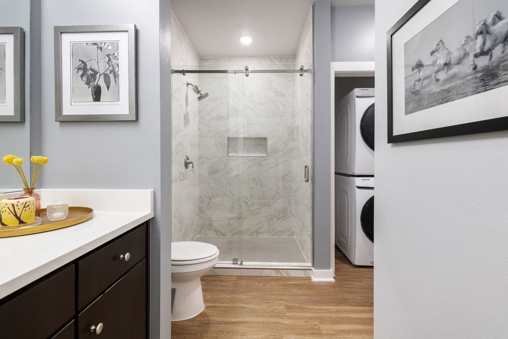 1900 Barton Springs Road, Unit 5009 Austin, TX 78704 - Photo 21 of 35 A well-appointed bath boasts a sleek, glass-enclosed shower and convenient laundry space.
