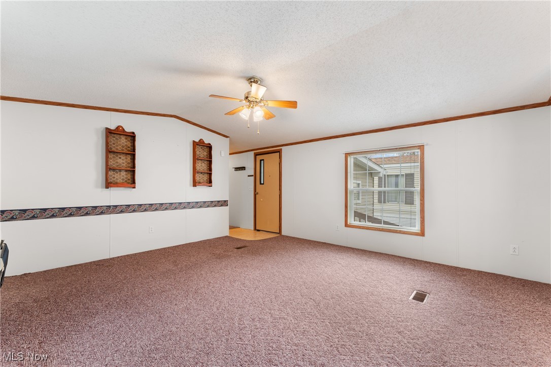 4455 Cleveland Road, Unit 6 Wooster, OH 44691 - Photo 3 of 40 Unfurnished room featuring carpet, ceiling fan, a textured ceiling, and vaulted ceiling