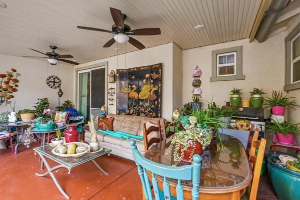 a living room with furniture and a potted plant