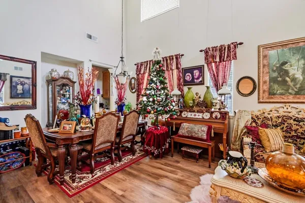 a view of a chairs and tables in a room