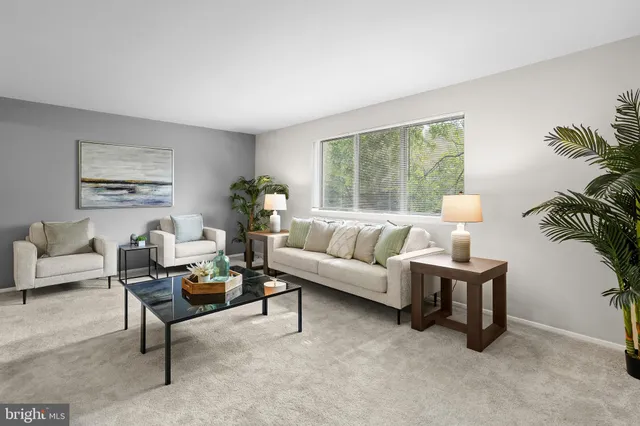 a living room with furniture and a potted plant