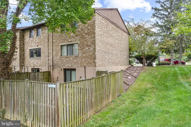 a view of a backyard with large trees and wooden fence