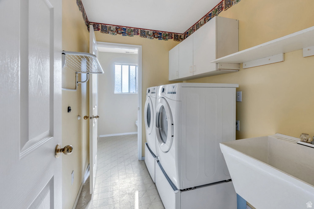 886 West 1700th Street North Mapleton, UT 84664 - Photo 8 of 21 Laundry room featuring a utility sink, wall-mounted cabinetry, and a storage shelf